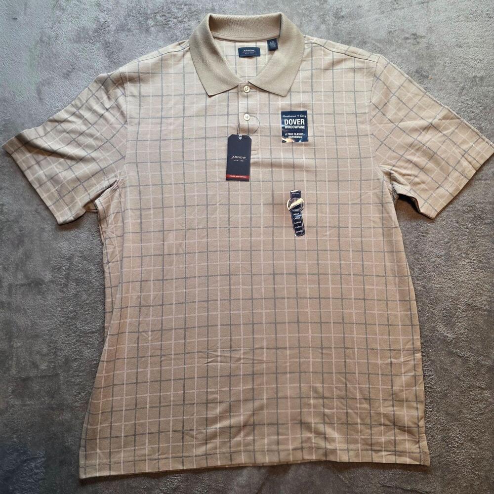 Arrow Dover Windowpane Polo Shirt Mens L Beige Check Easy Care Knit Classic Fit